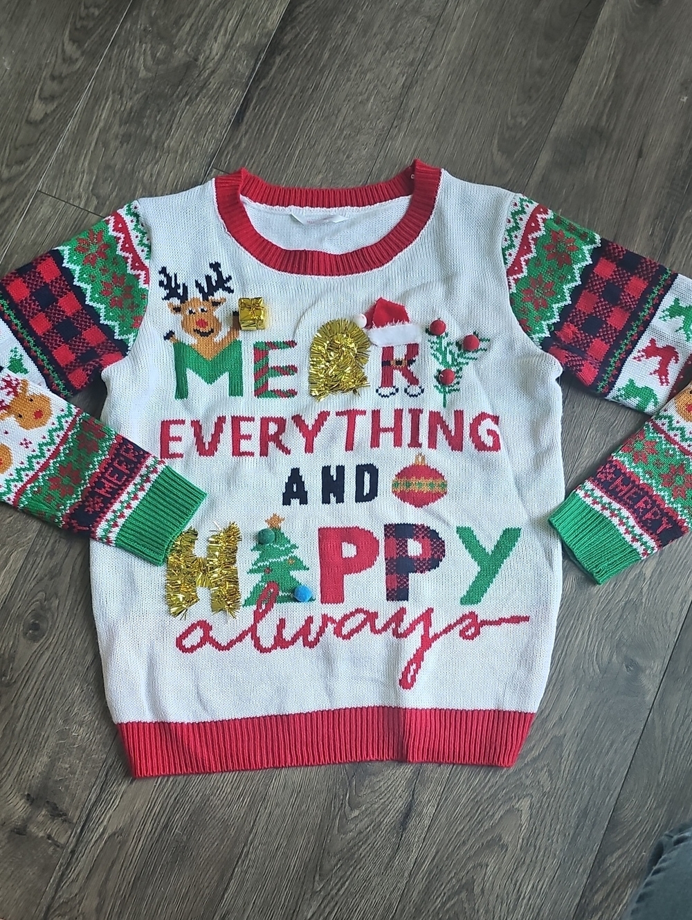 Ugly Christmas Sweater No Boundaries Holiday Festive Large Party Tinsel Poms